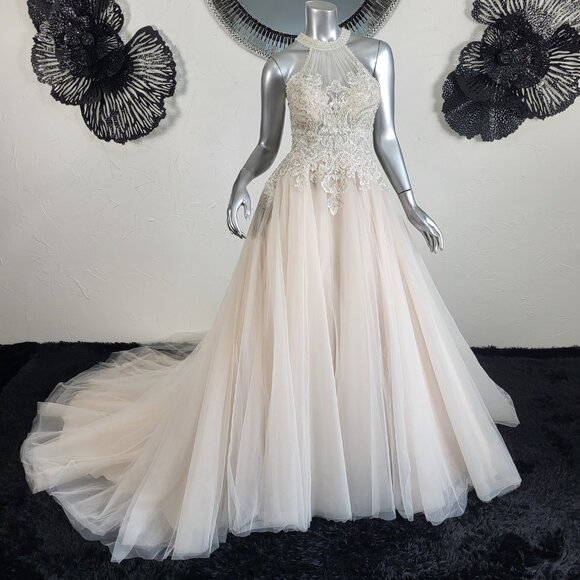 NWT~$1899~EDDY K COUTURE~SZ 2/4~CHAMPAGNE IVORY EMBELLISHED HALTER WEDDING DRESS - Picture 1 of 16